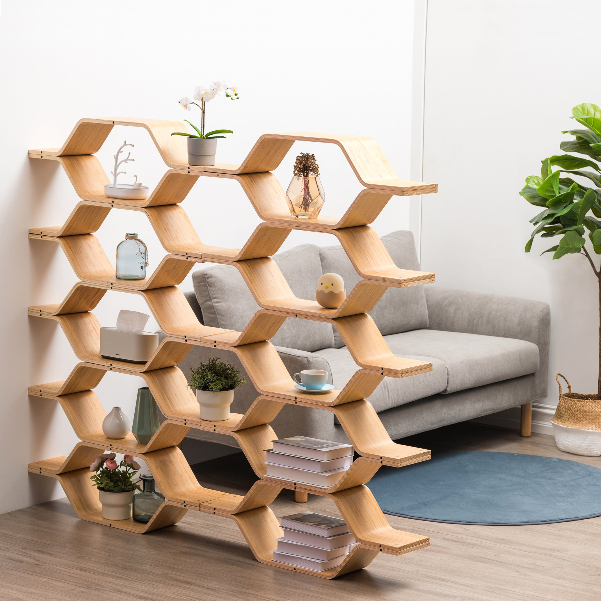 Ivy Bronx Storage Bookcase Stackable Honeycomb Bookshelf Open